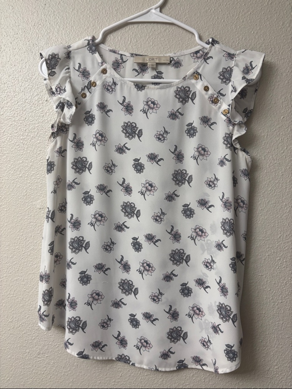 LOFT White Floral Ruffle Sleeve Top with Gold Buttons